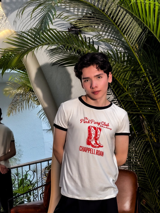 Ringer Tee Piel de Durazno - Chappell Roan (Blanca con Ribs negros)