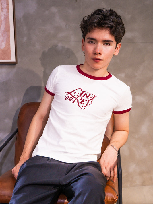 Ringer Tee Lanilla Licrada - Lana Del Rey (Blanca con Ribs Vino)